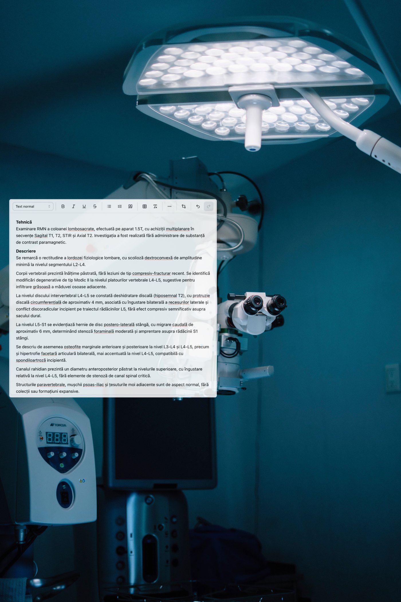Un microscop chirurgical de precizie, într-o sală de operație.